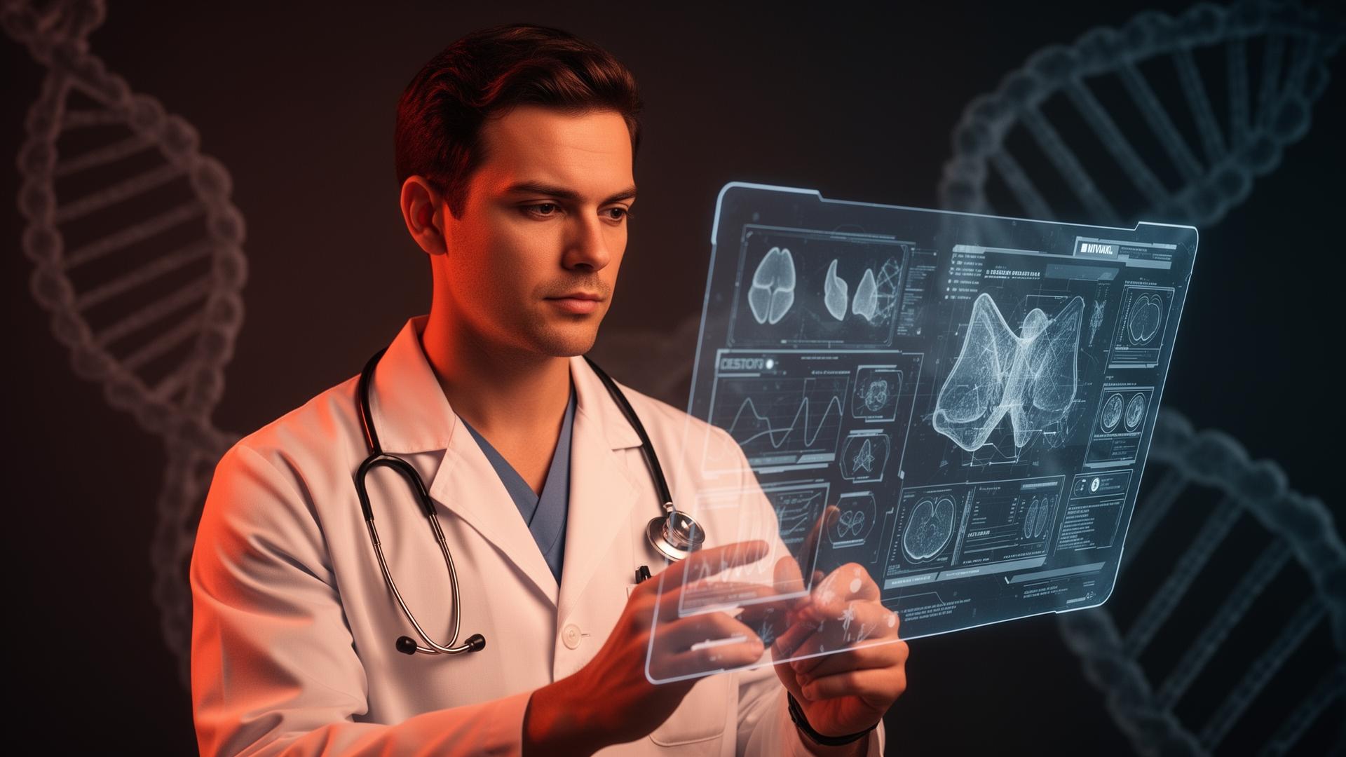 Physician reviewing holographic biomarker analysis
